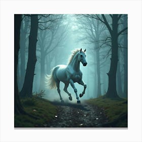 A Spectral Horse Galloping Through A Foggy, Enchanted Forest 1 Canvas Print