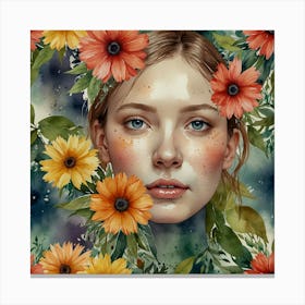 Watercolor Of A Girl With Flowers 3 Canvas Print