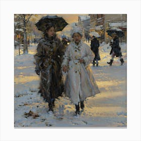 Two Women Walking In The Snow 1 Canvas Print