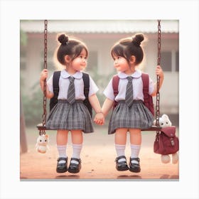 Two Schoolgirls On A Swing Canvas Print