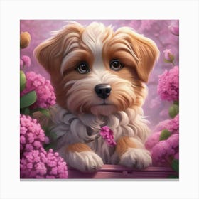 Puppy In Pink Flowers Canvas Print