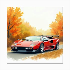 Watercolor Lamborghini Murciélago Amidst Autumn Foliage 1 1 Canvas Print