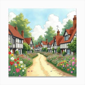 An English Village With A Traditional Flower Festival, Illustrated In Watercolor 1 Canvas Print