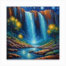 Lunar Cascade: A Starlit Waterfall Odyssey Canvas Print