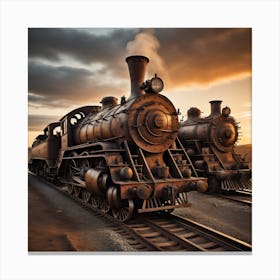 Steam Locomotives At Sunset Created using Imagine AI Art Canvas Print