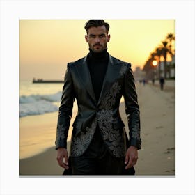 Man In Black Suit On The Beach Canvas Print