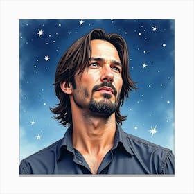 Watercolor Painting Of Keanu Reeves Under A Clear, Starry Night Sky Canvas Print