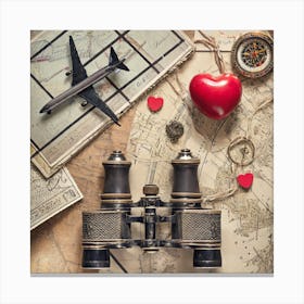 Firefly A Paris, France Vintage Travel Flatlay, Binoculars, Small Red Heart, Map, Stamp, Flight, Air (2) Canvas Print