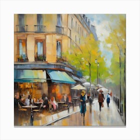 Paris Cafes Paris city, pedestrians, cafes, oil paints, spring colors. Canvas Print