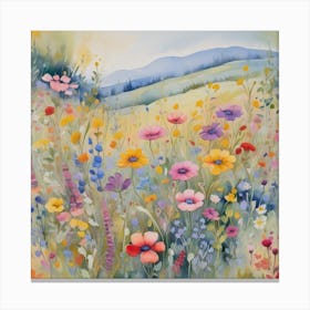 Multicolored Wildflowers Watercolor Field Drawing Summer 1 Canvas Print