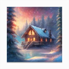 Snow Covered Cabin in the Forest Canvas Print