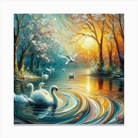Ripple Pour Wet Acrylic Paint: Spring Dream Impasto Trees with Thick Raised Texture, Swans in the Lake - Highly Detailed, Crisp Clear Sharp Focus. Swan Painting Canvas Print