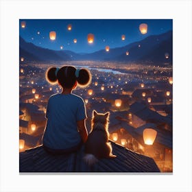 Little girl and her little dog looking at the night sky Canvas Print