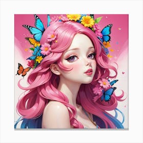 Pink Haired Girl With Butterflies 1 Canvas Print