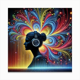 Vibrant Music Energy Wall Art: An Abstract Silhouette of a Woman with Headphones and Dynamic Soundwaves for Bold and Modern Home Decor Print Art Canvas Print