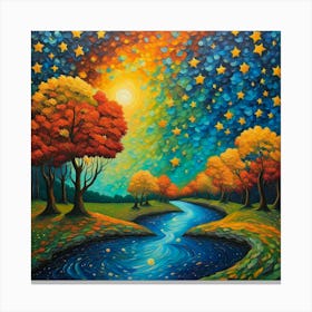 Starry Serenade: A Whimsical Landscape Under a Radiant Sky Canvas Print