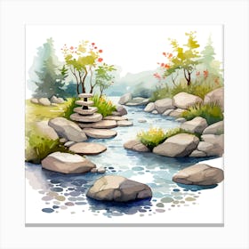 Watercolor Landscape With Rocks And Waterfall Canvas Print