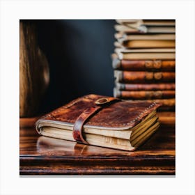 Leather Journal On A Wooden Table Canvas Print