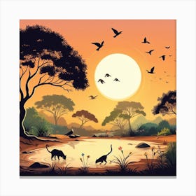 Savannah Landscape With Animals Canvas Print