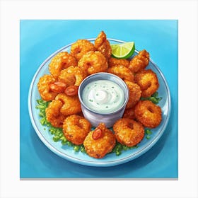 Plate Of Fried Shrimp With Creamy Sauce And Lime Wedge Canvas Print