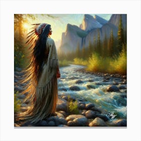 Oil Texture Native American Woman By Stream Canvas Print