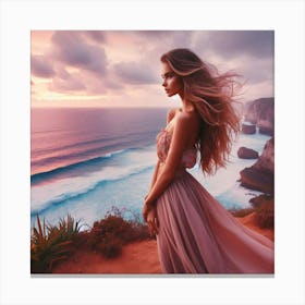 Beautiful Woman On The Beach At Sunset Canvas Print