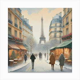 Paris cafes, winter season, Christmas, pale colors, pedestrians in the street, winter clothes, falling snow.10 Canvas Print