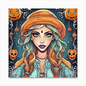 Halloween Girl With Pumpkins 1 Canvas Print
