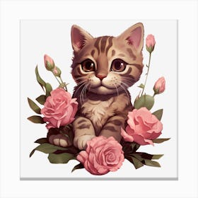 Cute Kitten With Roses Canvas Print