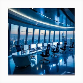 Corporate Office Interior With Sleek High Tech Workstations Utilizing Cyber Intelligence Technology (2) Canvas Print