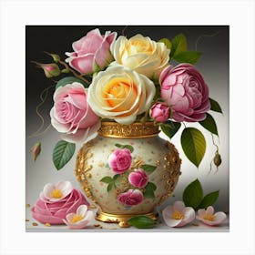 Antique fuchsia jar filled with purple roses, willow and camellia flowers Canvas Print