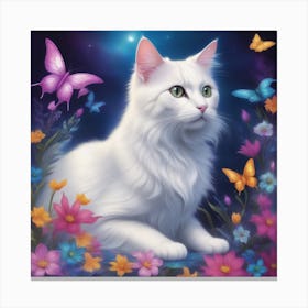 White Cat With Butterflies Canvas Print
