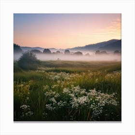 A Blanket Of Morning Fog Softly Enveloping A Dutch Meadow Transitioning From Summer To Autumn Where Canvas Print