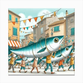 A Whimsical Sardine Parade Through A Mediterranean Village, Style Cartoon Illustration 1 Canvas Print