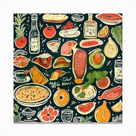 Doodles Of Food, Seamless Pattern With Fruits And Vegetables, Foodie Traveler A Delicious Featuring Iconic Dishes From Different Countries Canvas Print