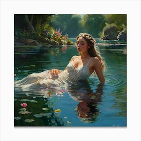 A gracefully floating water nymph, her delicate form surrounded by a tranquil garden of ethereal water blossoms. The petals of these flowers convey a range of emotions, shifting gently with the breeze that ripples through the crystal clear water. The aquatic stems showcase a vibrant array of colors, dazzling the eyes with their beauty. This captivating scene is depicted in a stunningly detailed painting, where every aspect is brought to life with rich and vibrant hues against green surroundings, crossing reality and illusion, highly detailed, cinematic scene, dramatic lighting, ultra realistic 7 Canvas Print