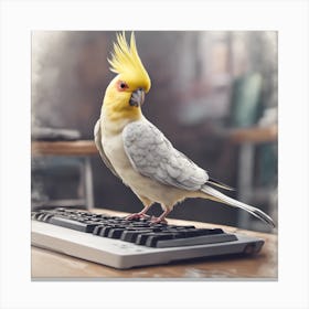  Cockatiel Bird Standing On Computer Keyboard  Canvas Print