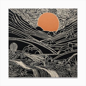 Abstract Sunset In The Mountains Linocut Illustration Canvas Print