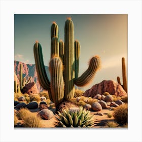 An Saguaro Growing On A Desert Mountain Hillside Canvas Print