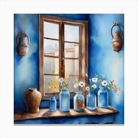 Blue wall. Open window. From inside an old-style room. Silver in the middle. There are several small pottery jars next to the window. There are flowers in the jars Spring oil colors. Wall painting.59 Canvas Print