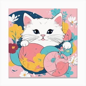 White Cat With Flowers Canvas Print