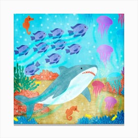 Shark And Fishes Square Canvas Print