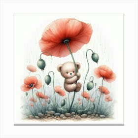 Teddy Bear In Poppy Field Canvas Print