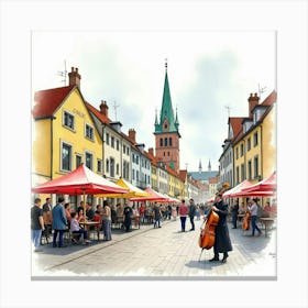 Watercolor Depiction Of Romanian Music Events In An English City 1 Canvas Print