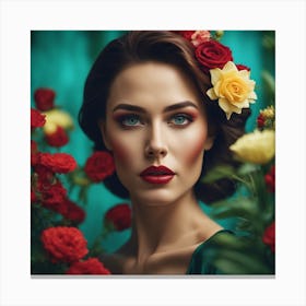 An Artwork Depicting A Women, Big Tits, In The Style Of Glamorous Hollywood Portraits, Green Red, Ye Canvas Print