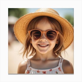 Smiling Little Girl In Straw Hat And Sunglasses 2 Canvas Print