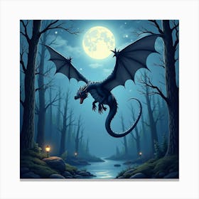 A Majestic Dragon Soaring Over A Moonlit, Enchanted Forest Glade 1 Canvas Print