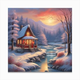 Cottage By The Stream Watercolor Landscape Canvas Print