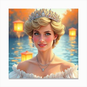 Watercolor Princess Diana With A Serene Background Of Floating Lanterns 1 Canvas Print