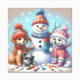 Snowman With Dogs 1 Canvas Print